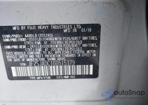 2016 Subaru Forester 2.5I Premium z USA, uszkodzony, nr VIN JF2SJADC1GG515379